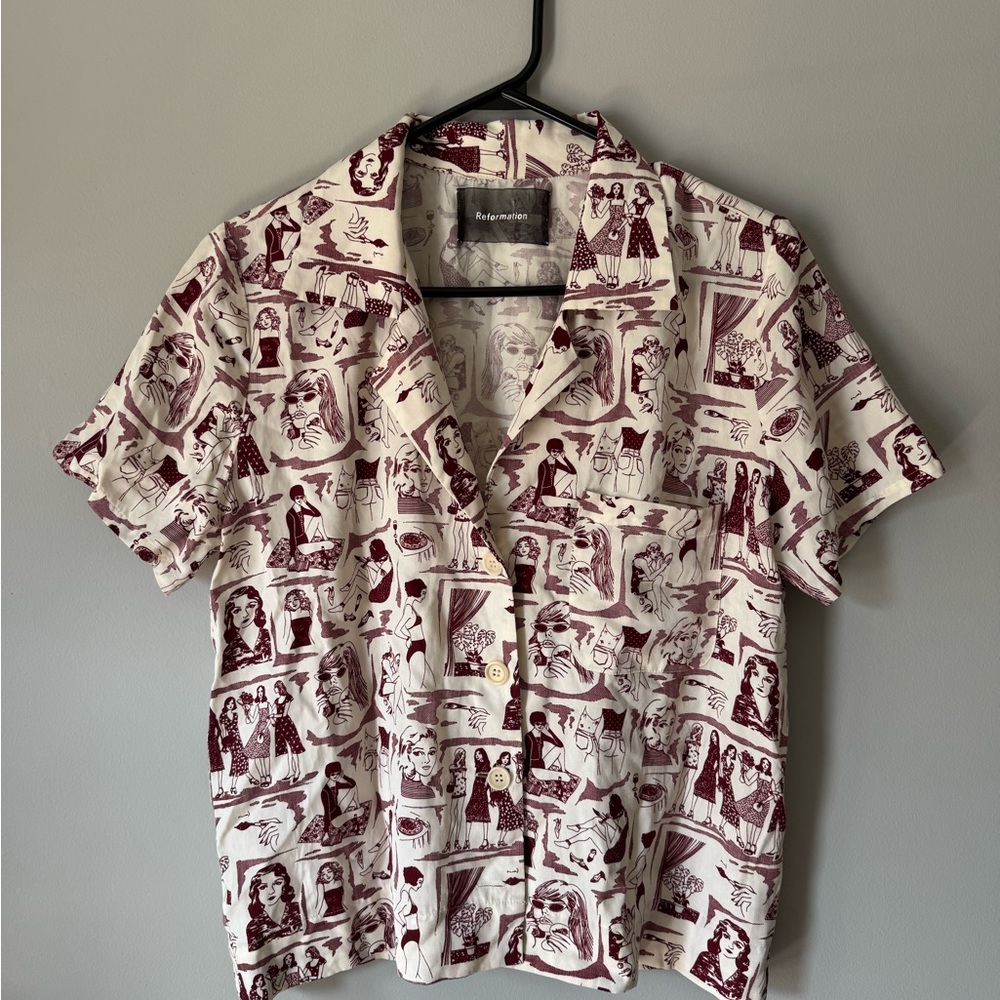 Reformation Cream and Burgundy Unique All Over Print Blouse